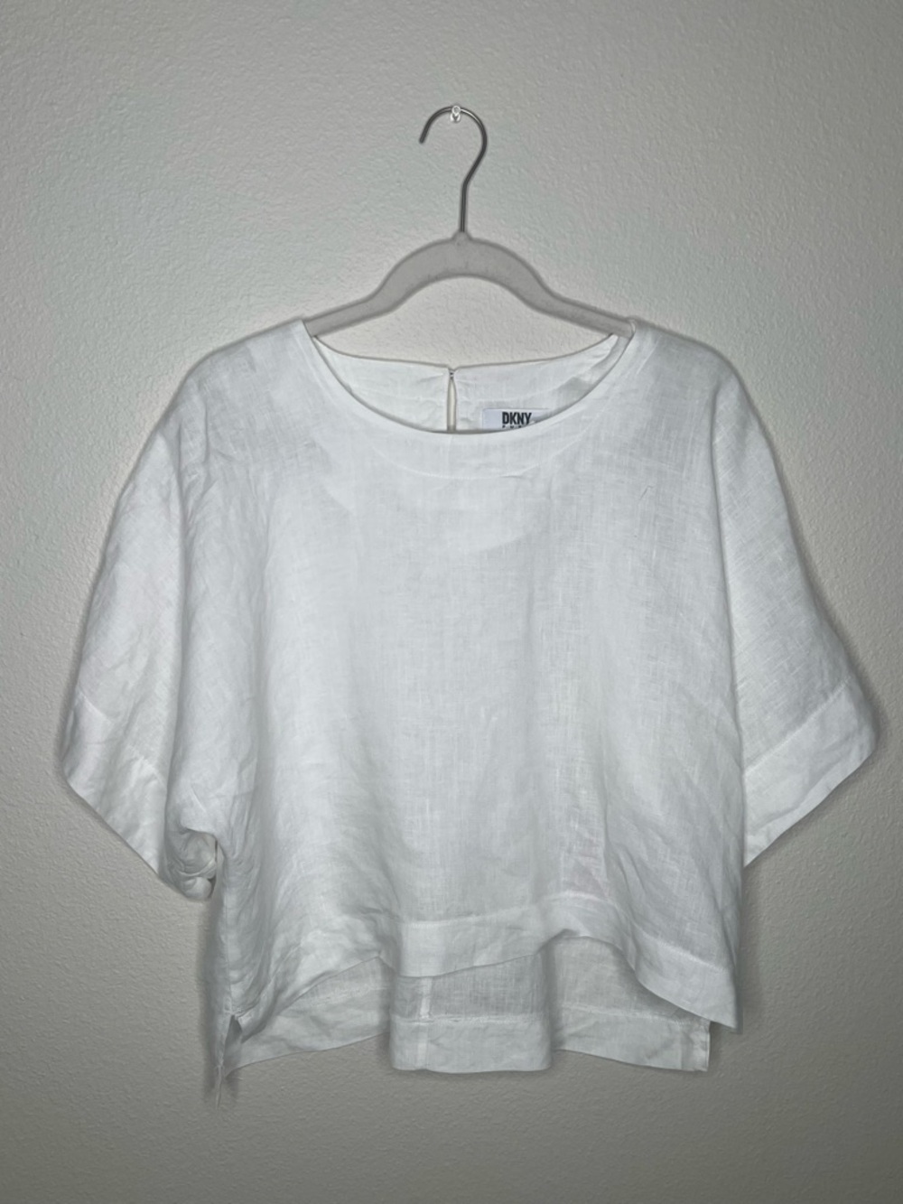 DKNY White Linen Boxy Short-Sleeve Top